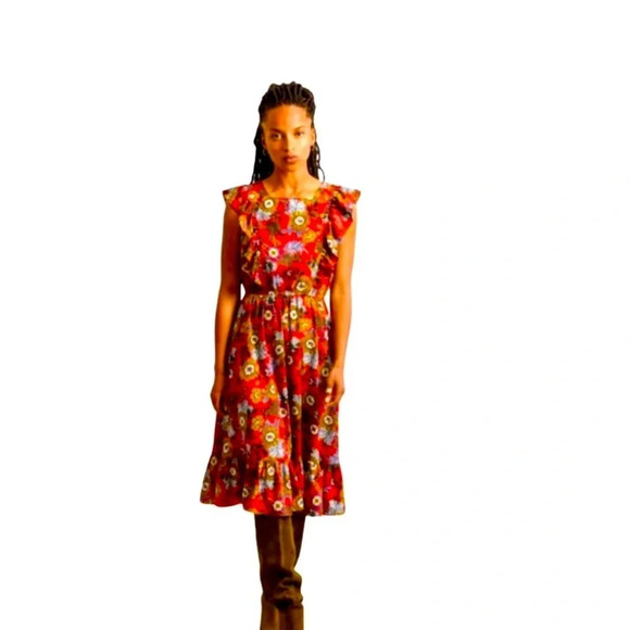 Molly Bracken red floral midi dress with ruffle sleeve size small - Picture 4 of 16